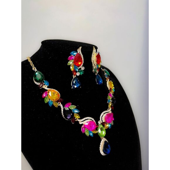 Women Jewelry Set Rhinestone Crystal Bride Statement Choker Necklace Teardrop Cl - Picture 6 of 6